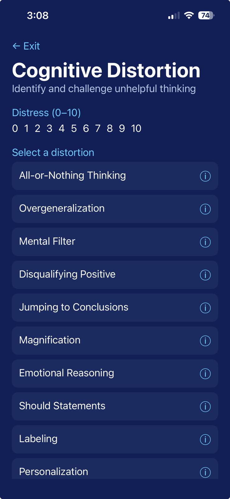 Cognitive distortion tool with a 0 to 10 distress scale and a list of distortions to select