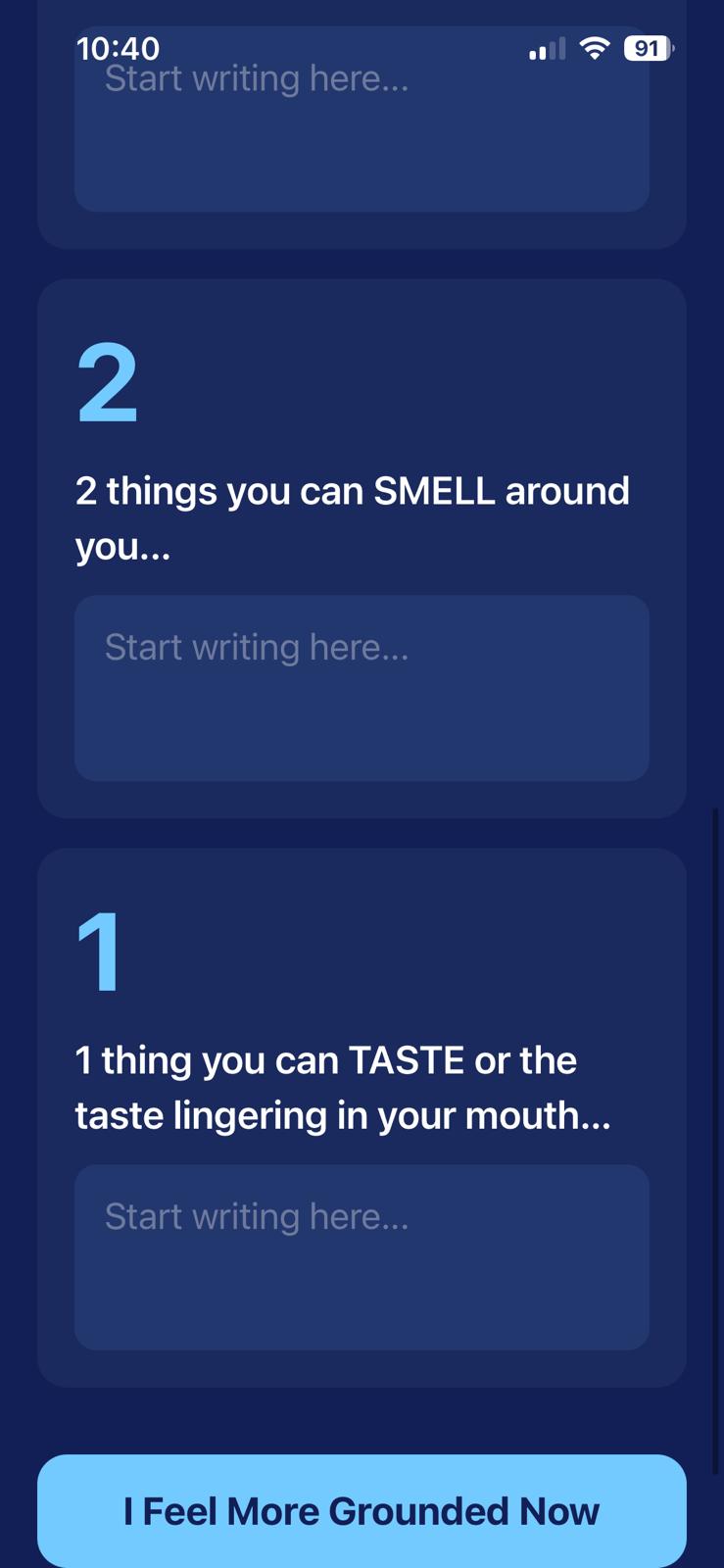 5-4-3-2-1 grounding exercise prompting what you can smell and taste