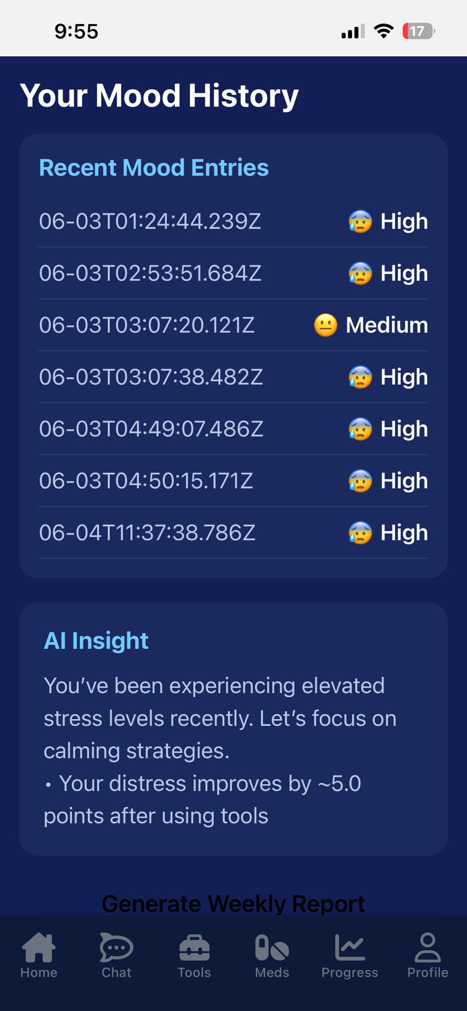 Mood history with recent mood entries and an AI insight about elevated stress