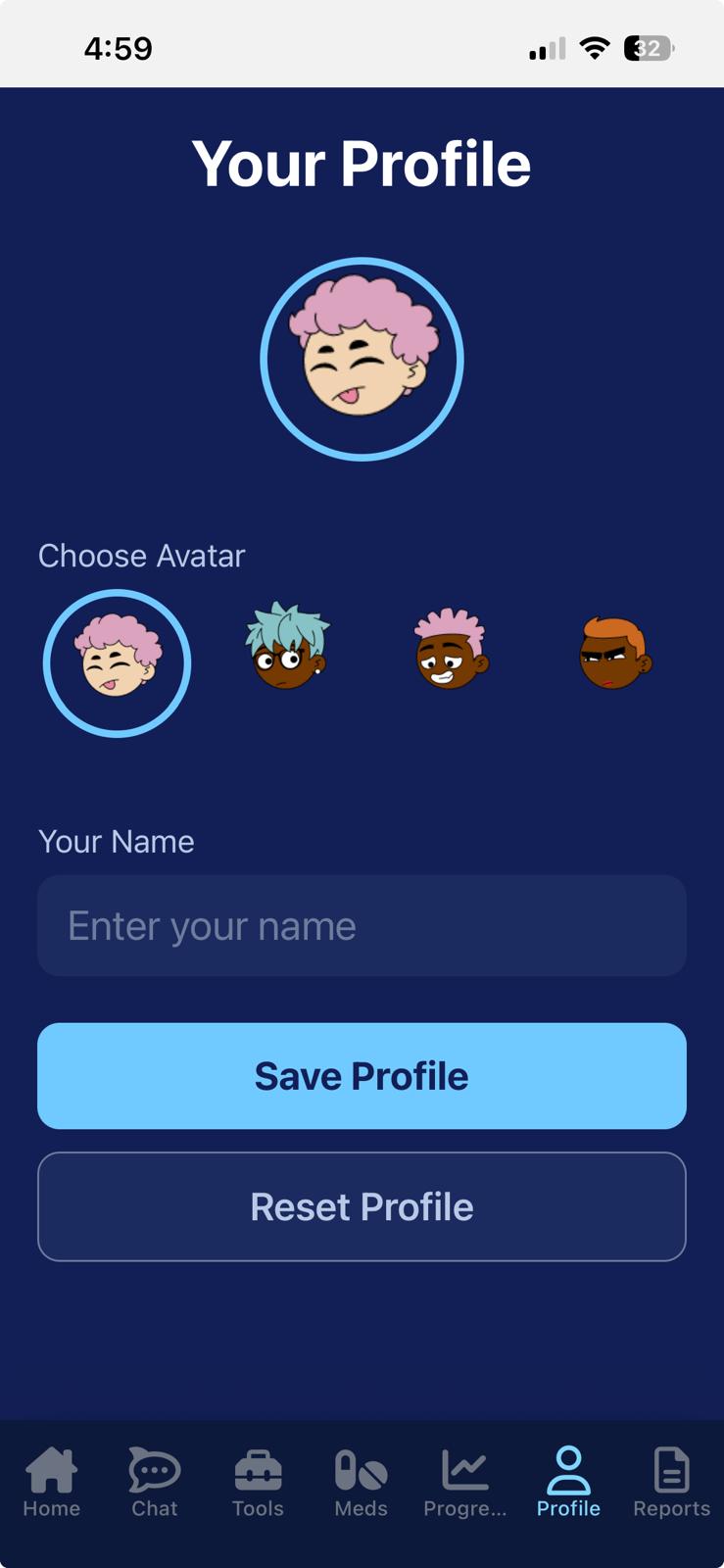 Profile screen for choosing an avatar and entering your name