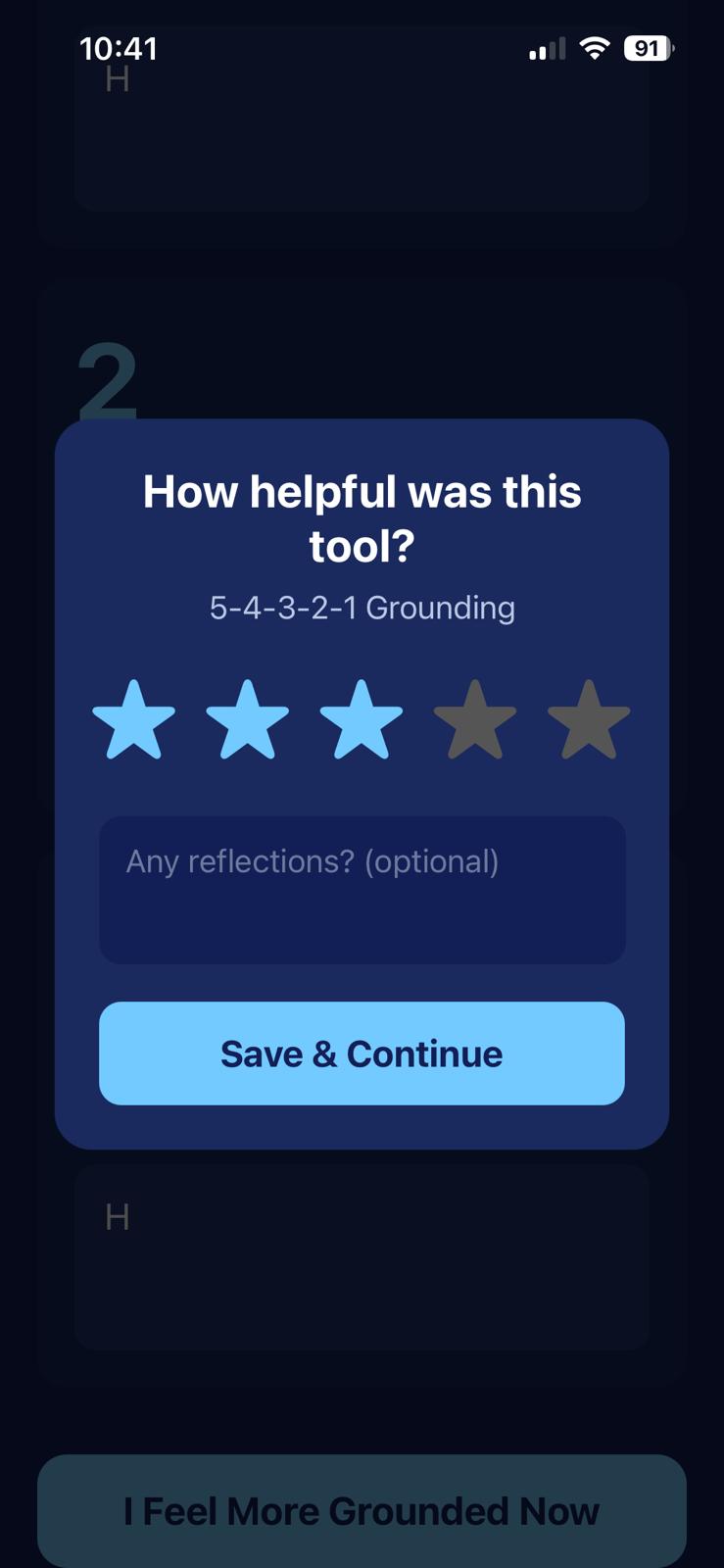 Rating dialog asking how helpful the grounding tool was, with stars and a reflection field