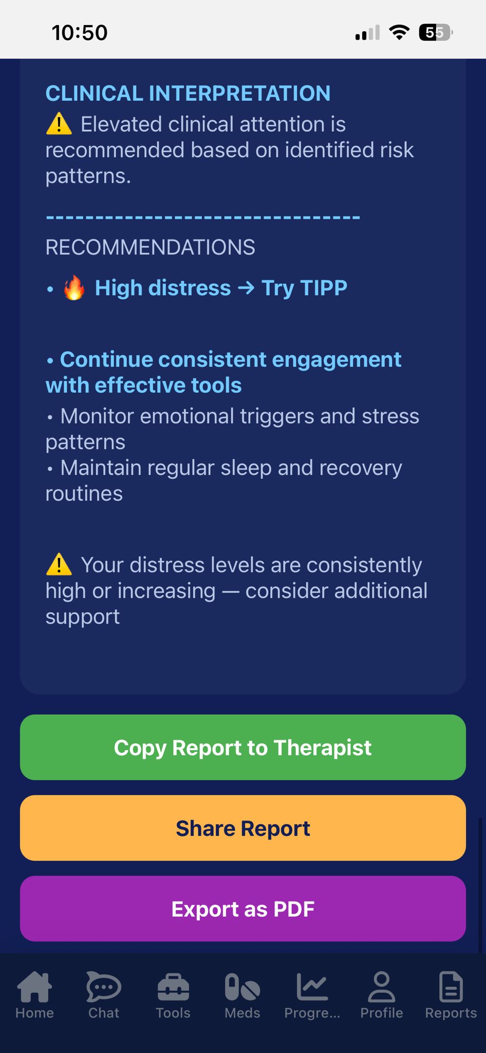 Clinical interpretation and recommendations with options to copy, share or export as PDF