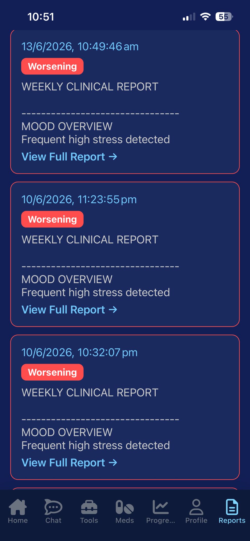 Weekly clinical report log with dated reports marked as worsening